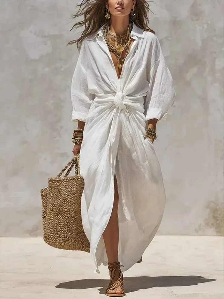 Casual Loose Linen Shirt Dress - Damen Boho Weißes Leinen-Baumwoll-Hemdkleid, Langarm, Hohe