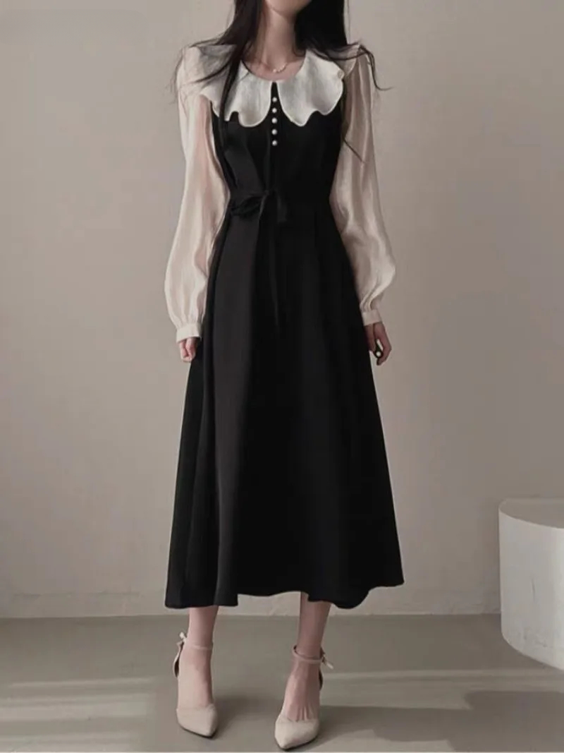 French Vintage Floral Midi Dress - Langarm Kleider Frauen Französisch Vintage Rüschen