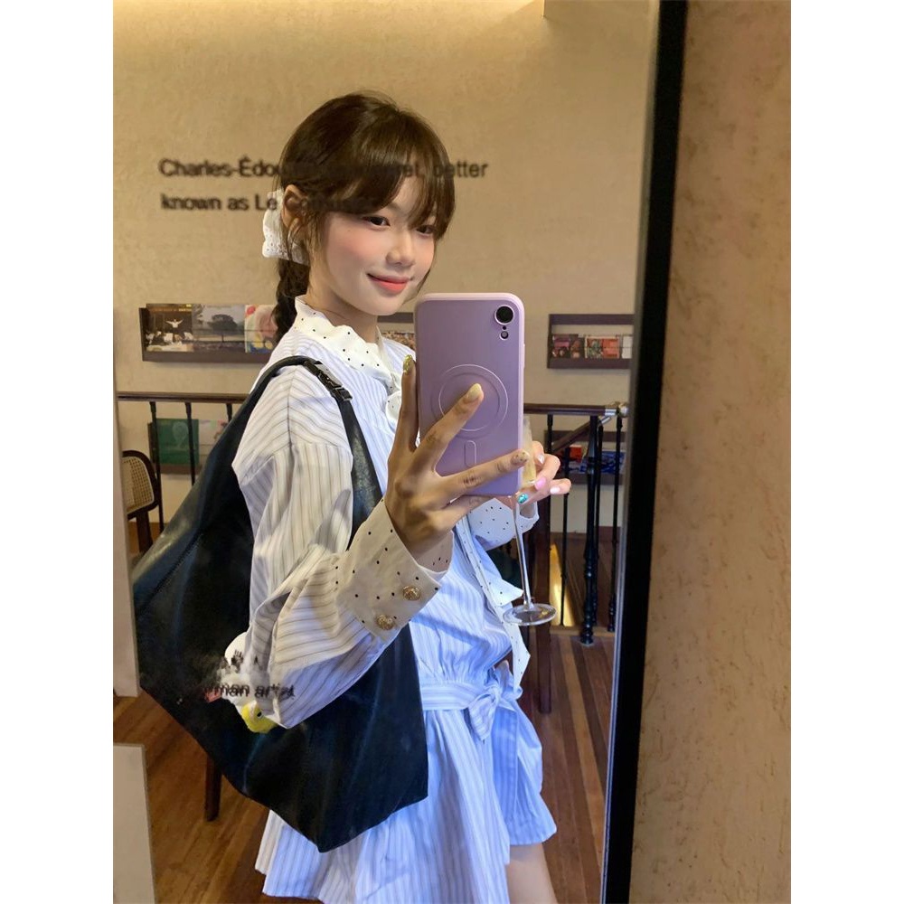 Korean Style A Line Shirt Dress - Koreanisches Süßes Schulstil-Kleid mit Streifenmuster und